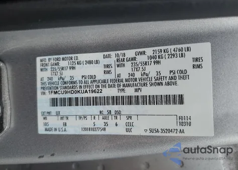 2019 Ford Escape Sel z USA, uszkodzony, nr VIN 1FMCU9HD0KUA19622